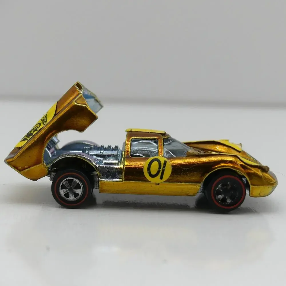 VTG 1968 Mattel Hot Wheels Lola GT-70 Gold Redline Diecast Car w/ Sticker